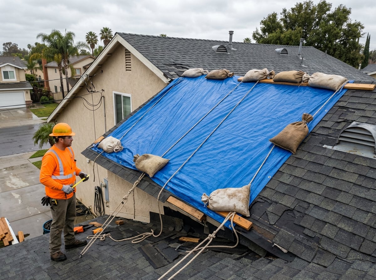 Blue emergency tarp secured over a storm-damaged residential roof