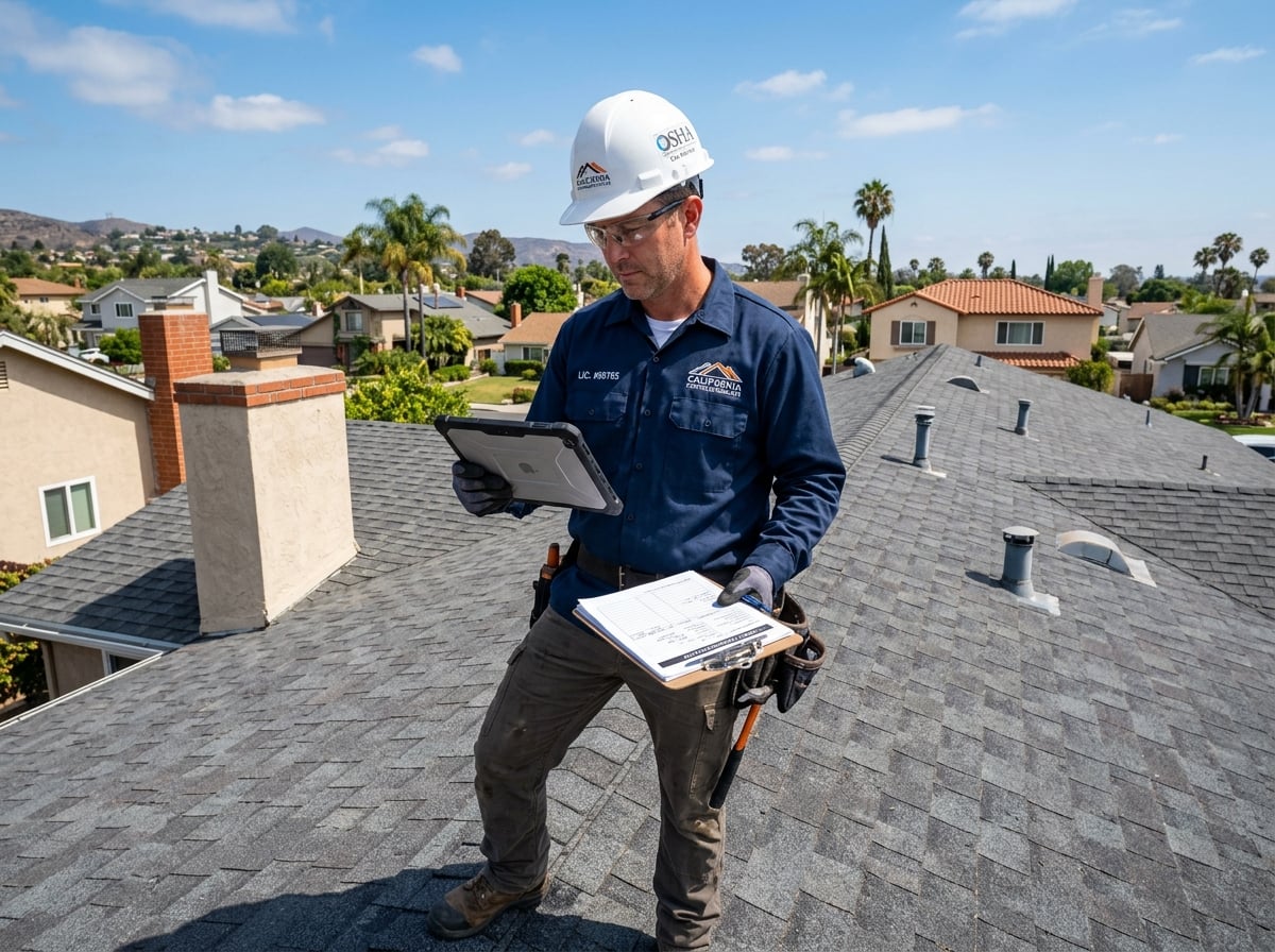 Roofs LA roofing professional with a clipboard assessing the overall condition of a residential roof