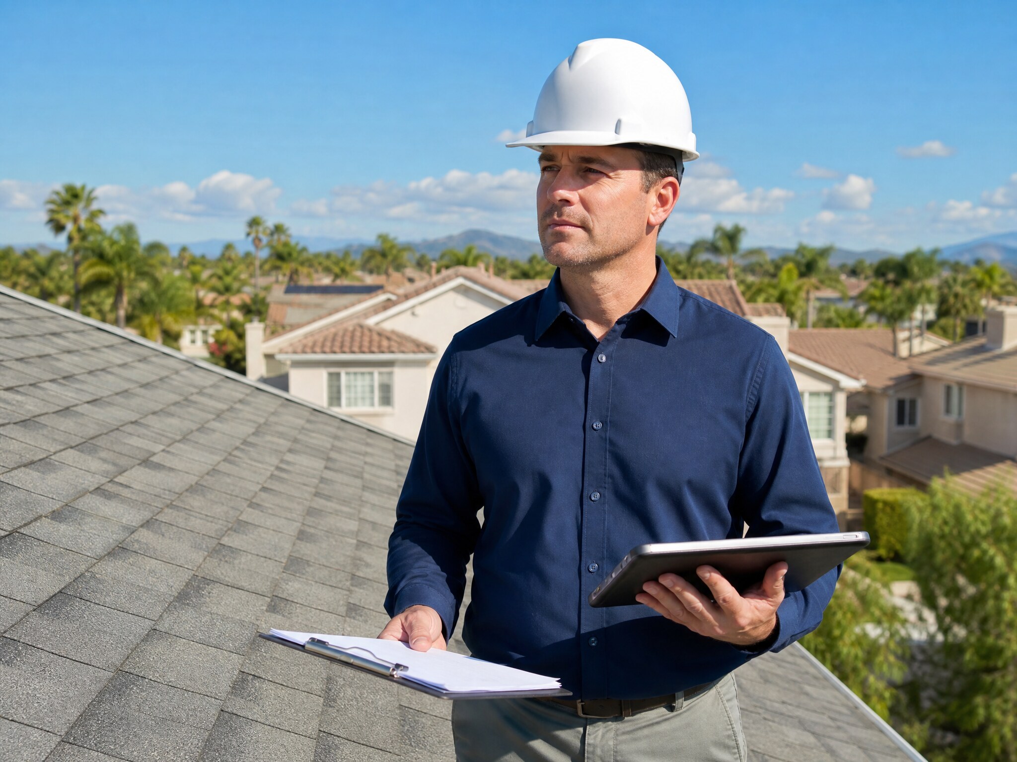 Roofs LA roofing professional with a clipboard assessing the overall condition of a residential roof