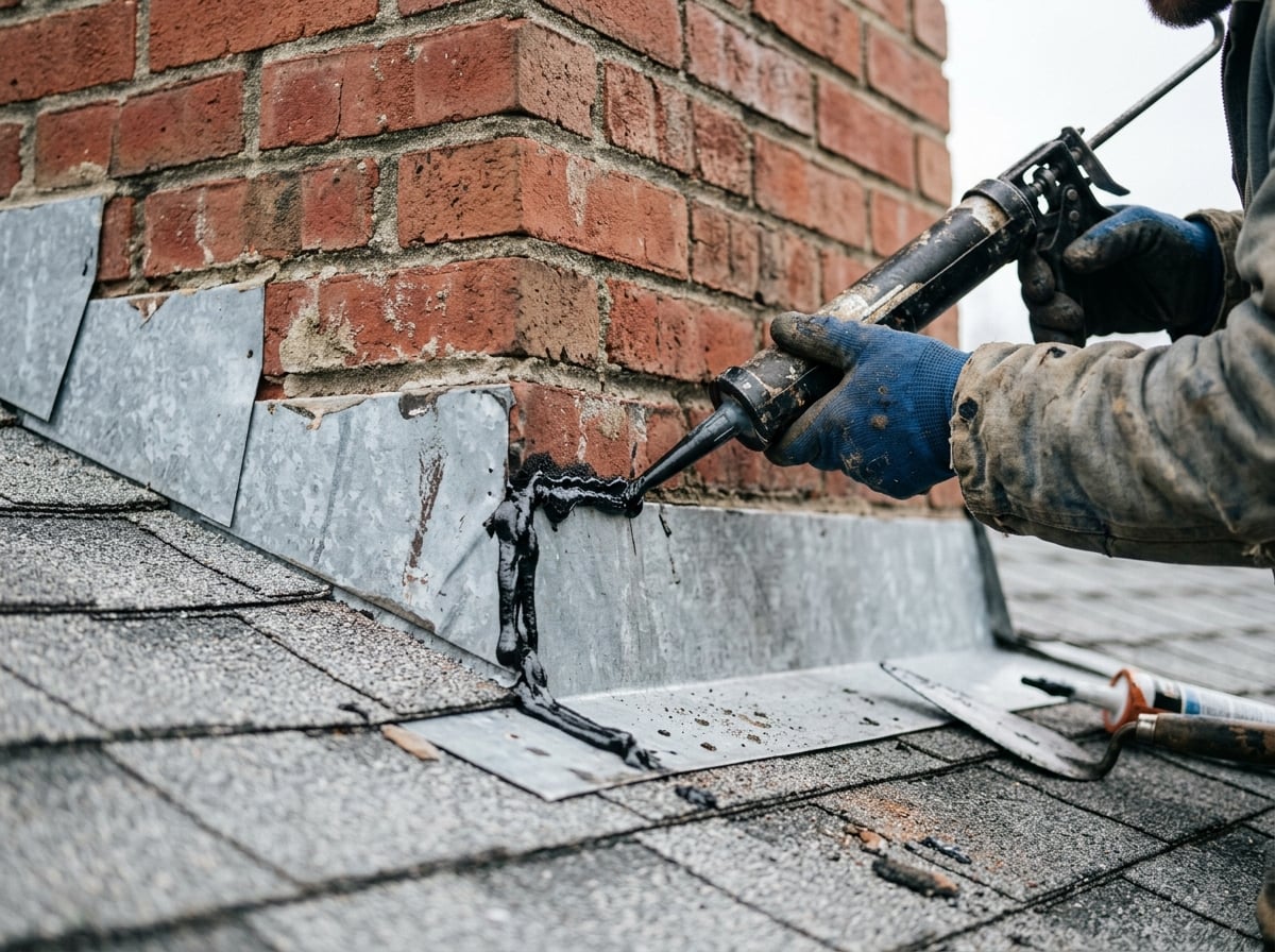 Roofer repairing metal chimney flashing where the roof meets a vertical wall