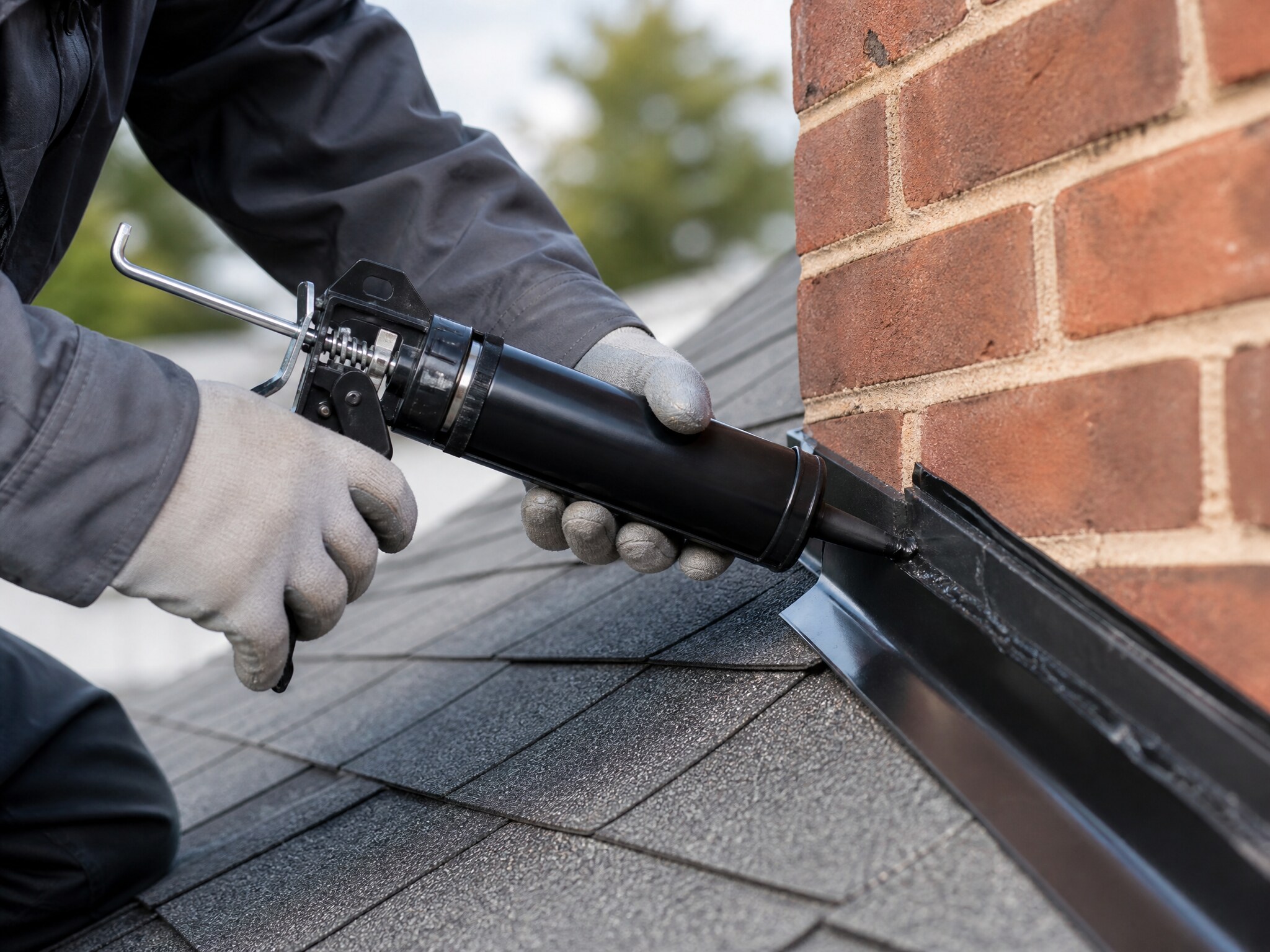 Roofer repairing metal chimney flashing where the roof meets a vertical wall