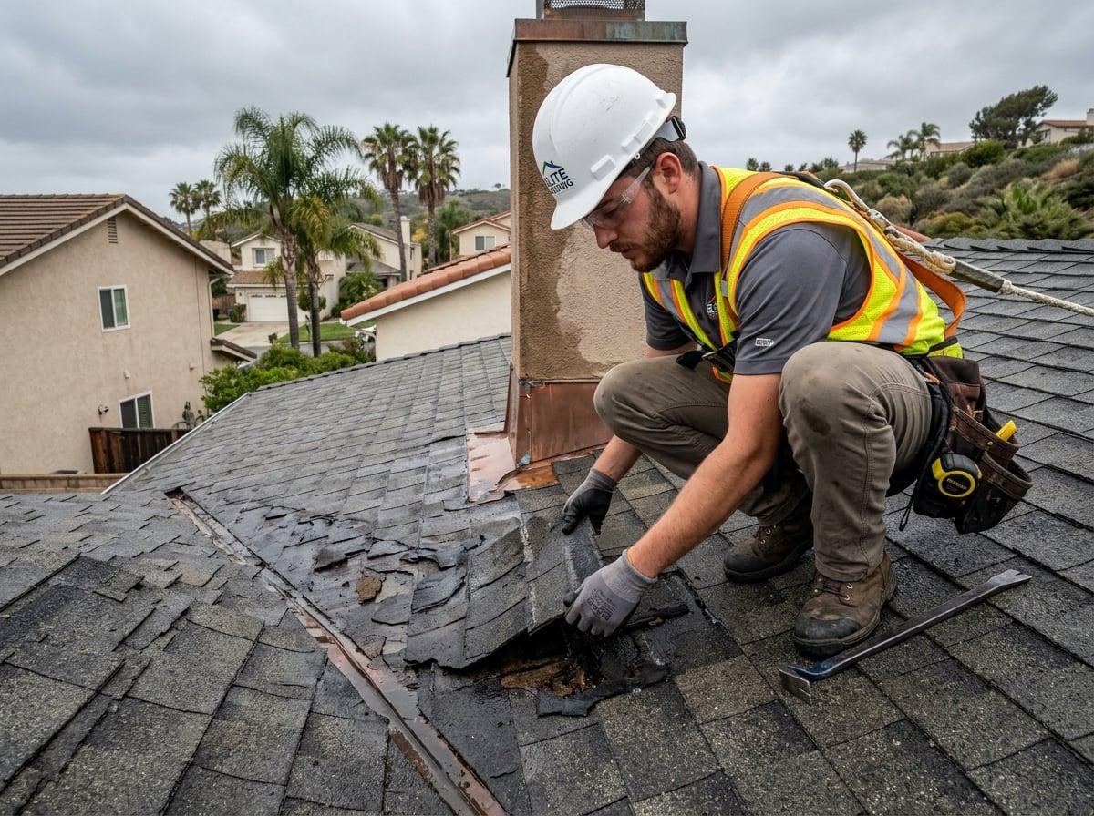 Roofs LA technician inspecting an active roof leak on a residential home before beginning repairs