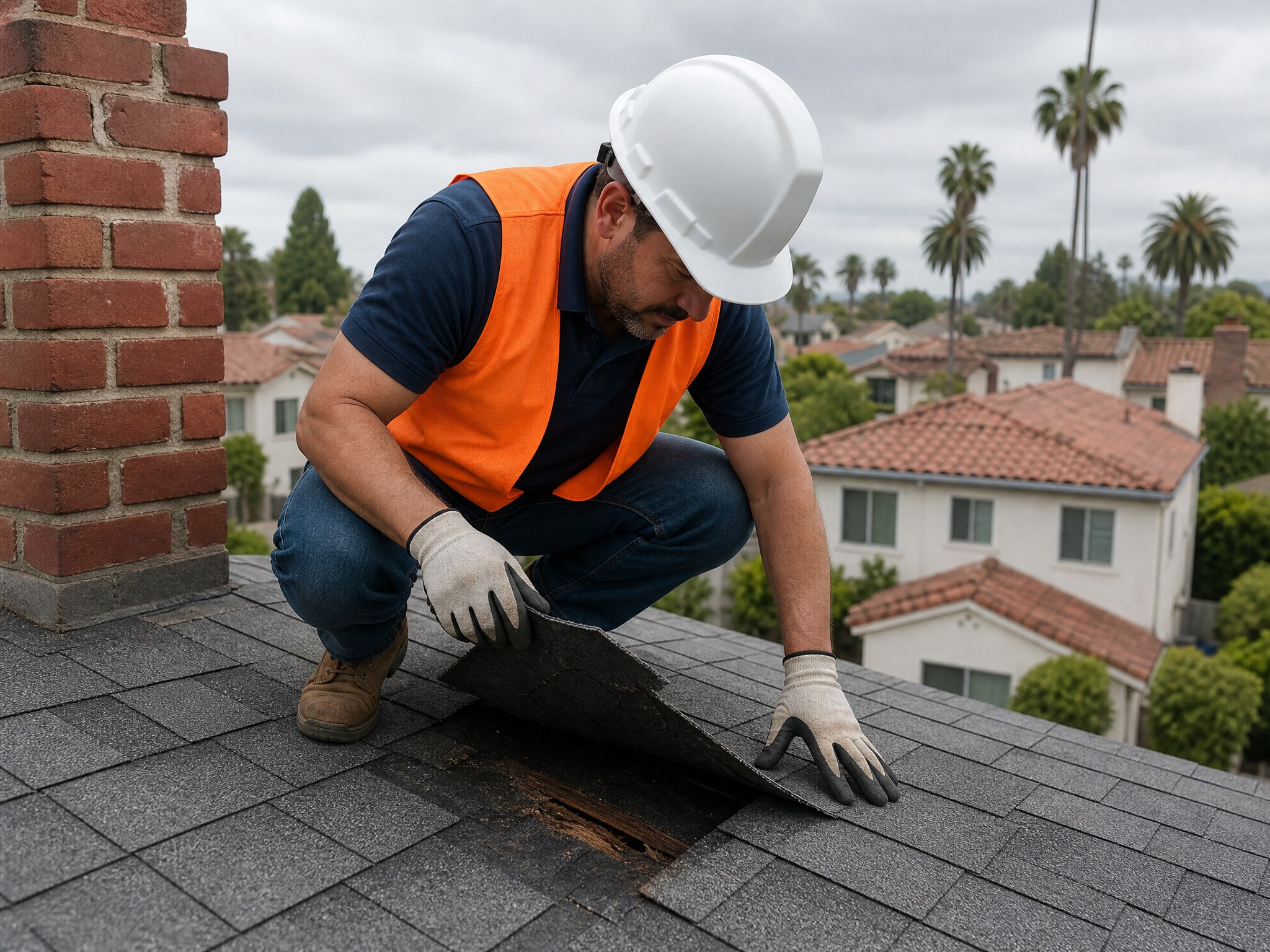 Roofs LA technician inspecting an active roof leak on a residential home before beginning repairs