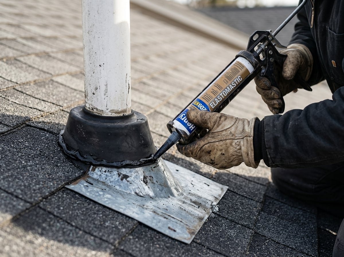 Roofs LA technician sealing a roof leak at a vent pipe boot penetration
