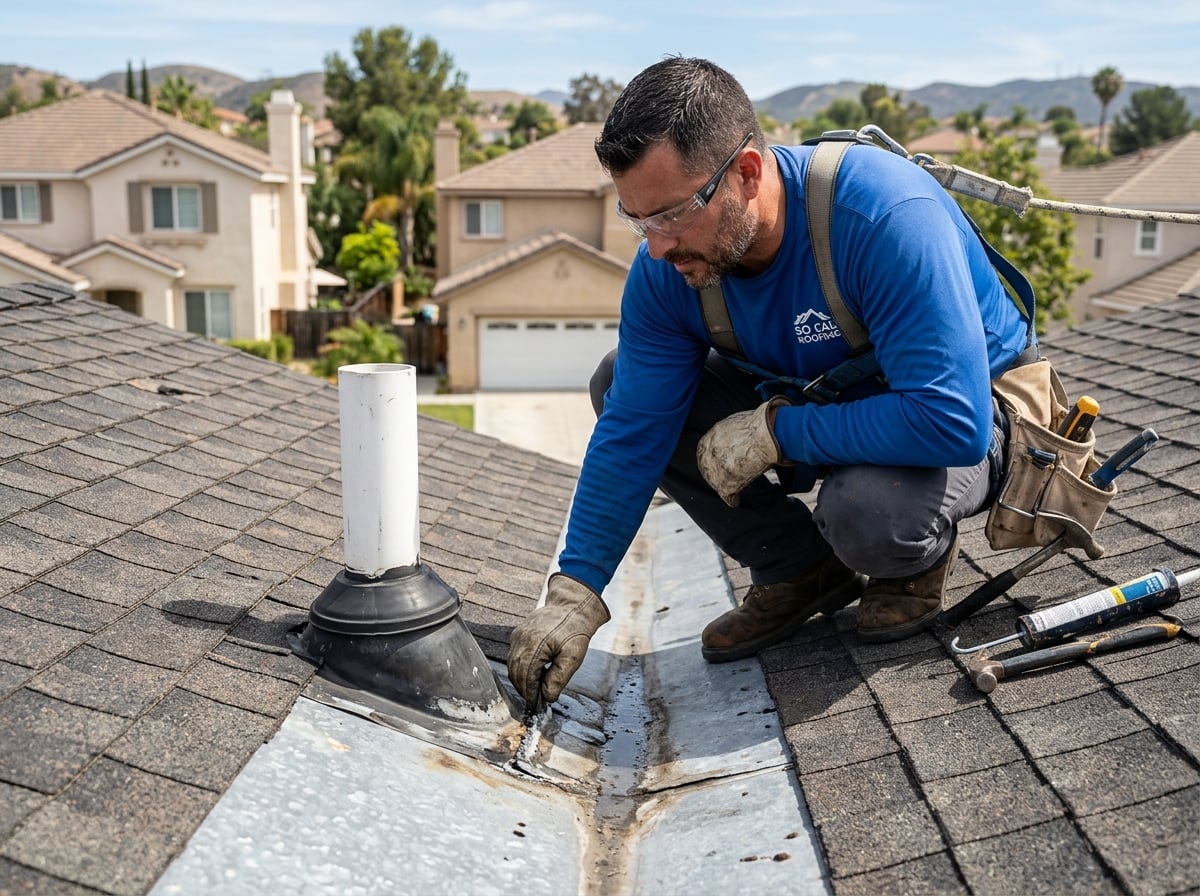 Roofs LA technician tracing the source of a roof leak by inspecting flashing, roof valleys, and vent pipe penetrations before performing the repair