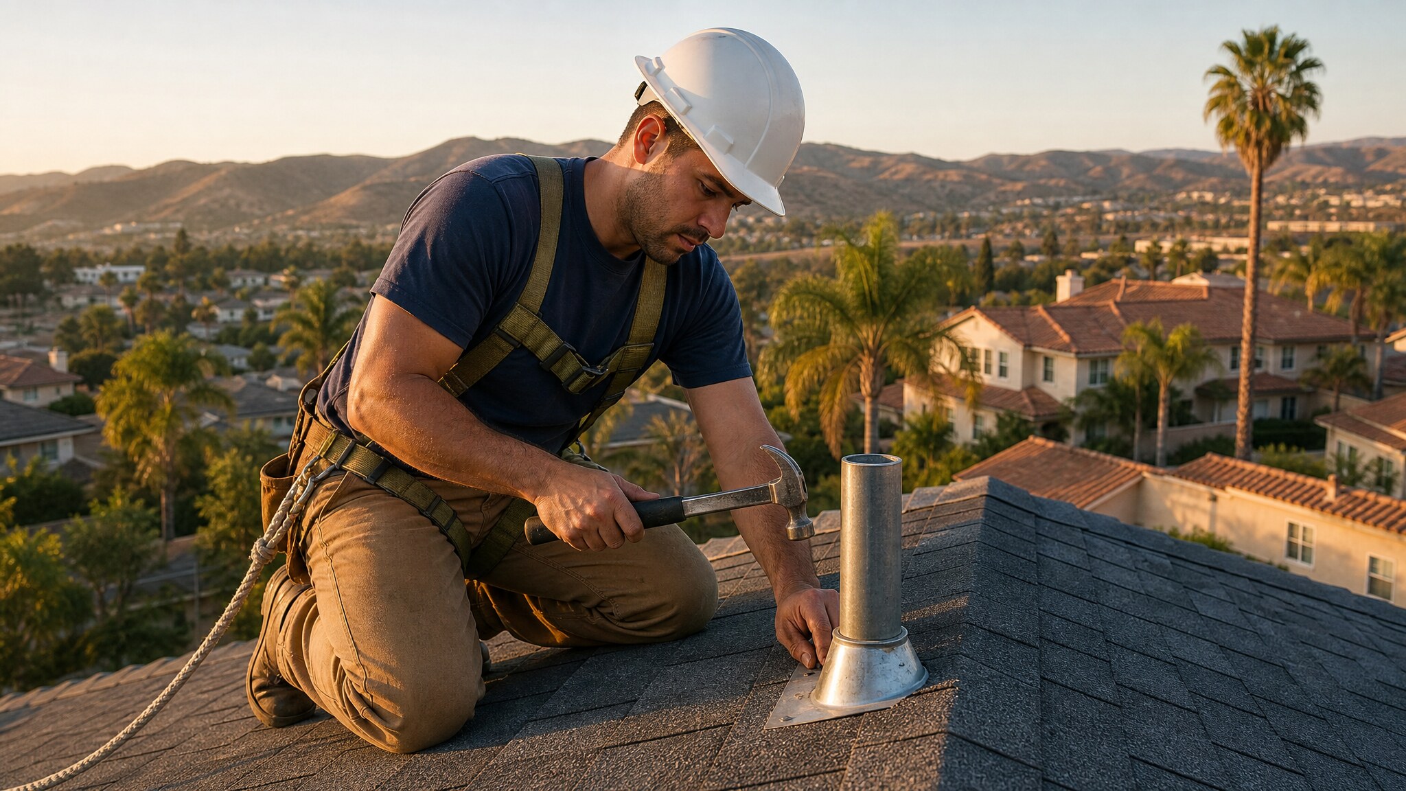 Roofs LA roofer inspecting and repairing a residential asphalt shingle roof in Los Angeles at golden hour