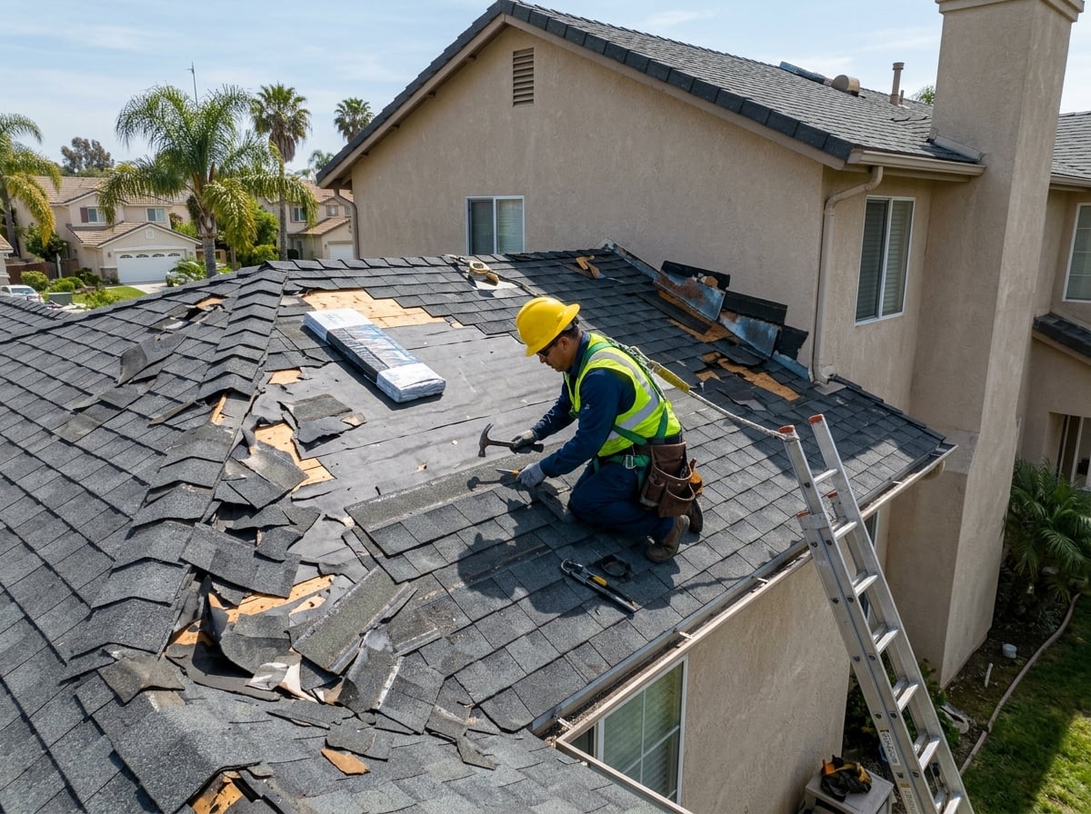 Wind-lifted and missing asphalt shingles being repaired on a residential roof