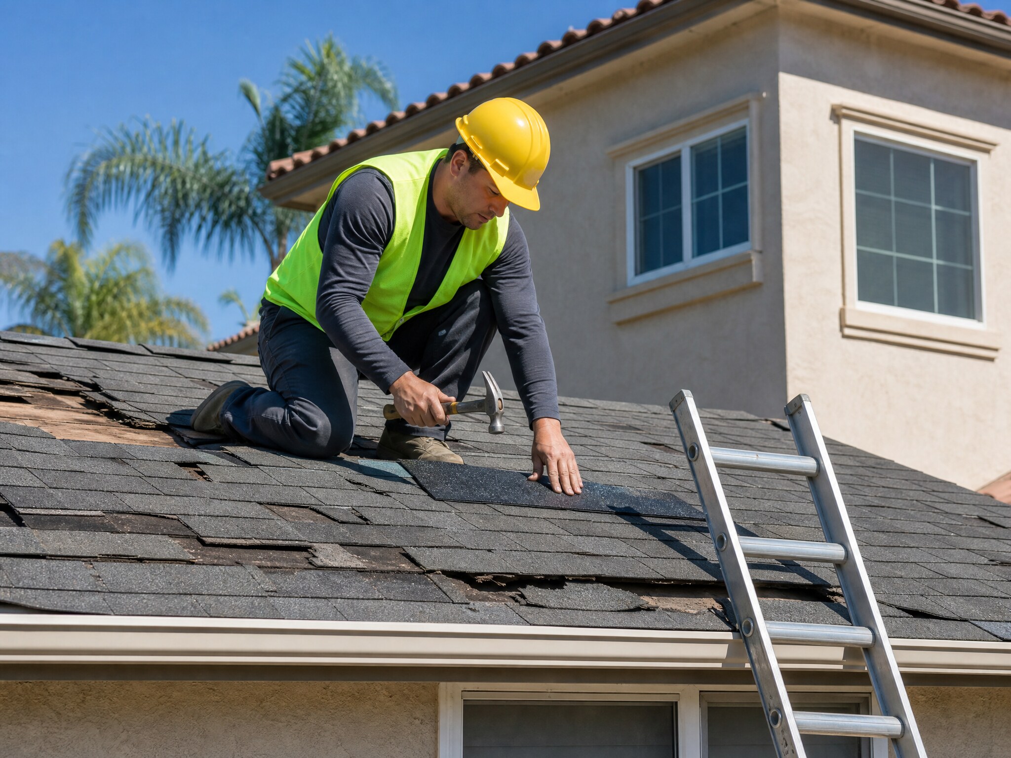 Wind-lifted and missing asphalt shingles being repaired on a residential roof
