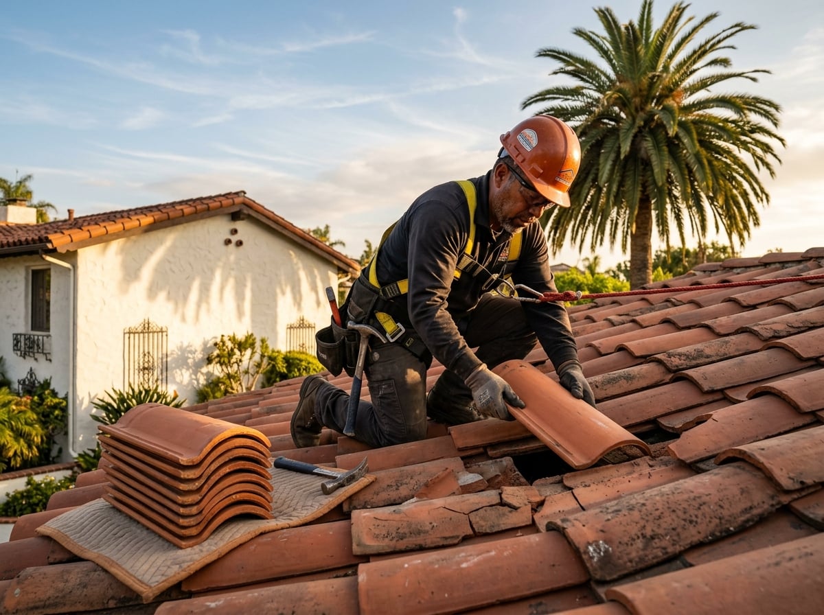 Roofer replacing cracked clay tiles on a Spanish-style Southern California home