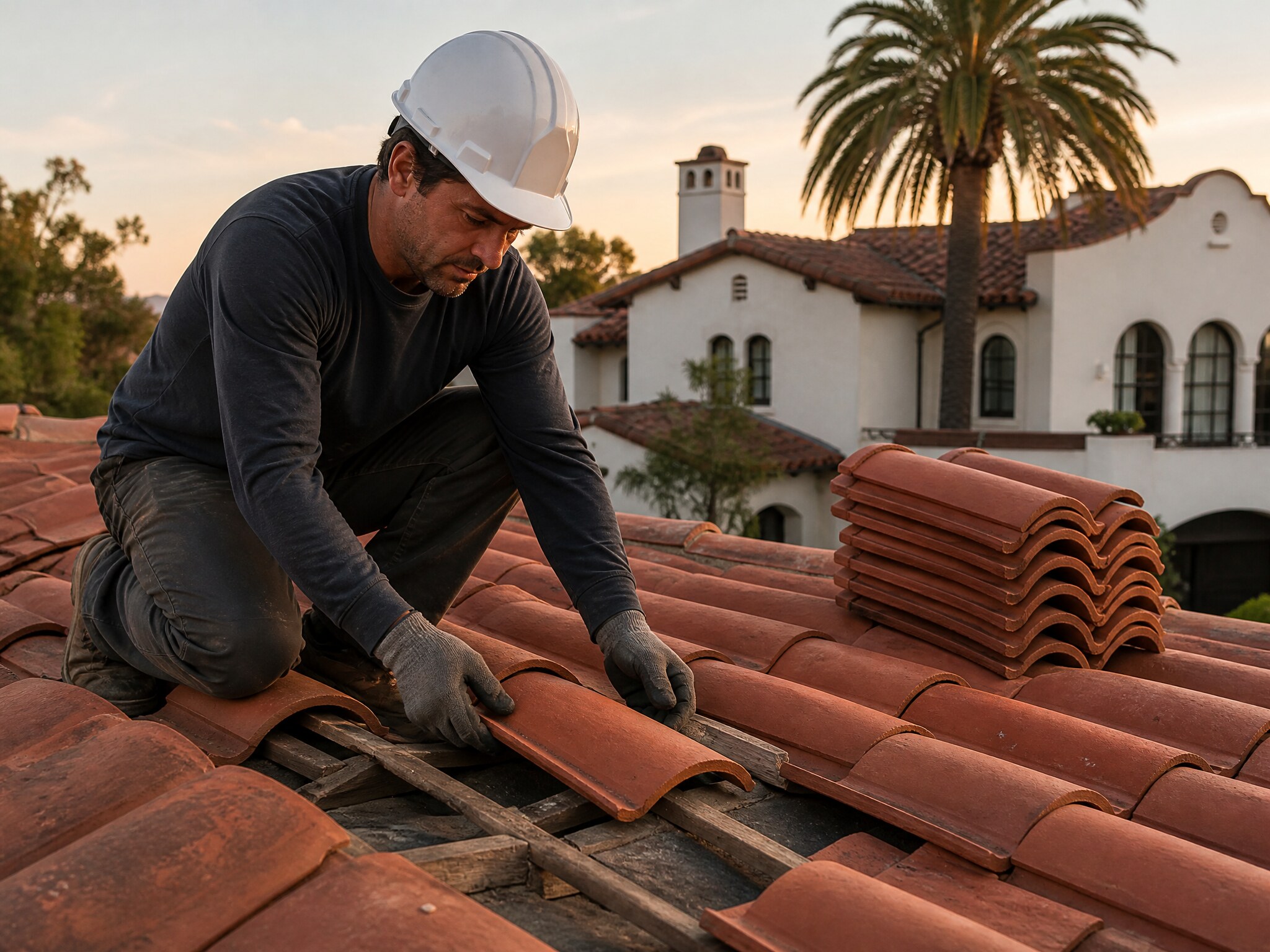 Roofer replacing cracked clay tiles on a Spanish-style Southern California home